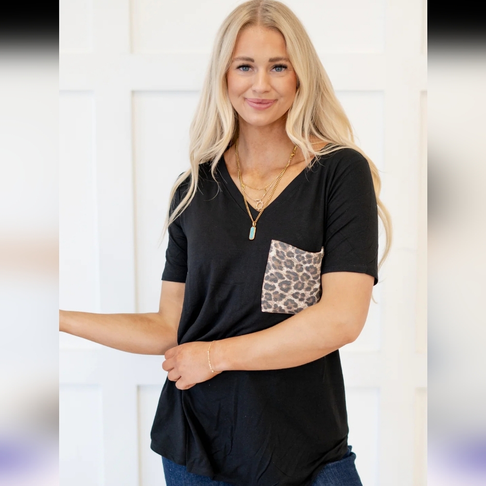 Zanana Stylish Black Tee with Leopard Accent